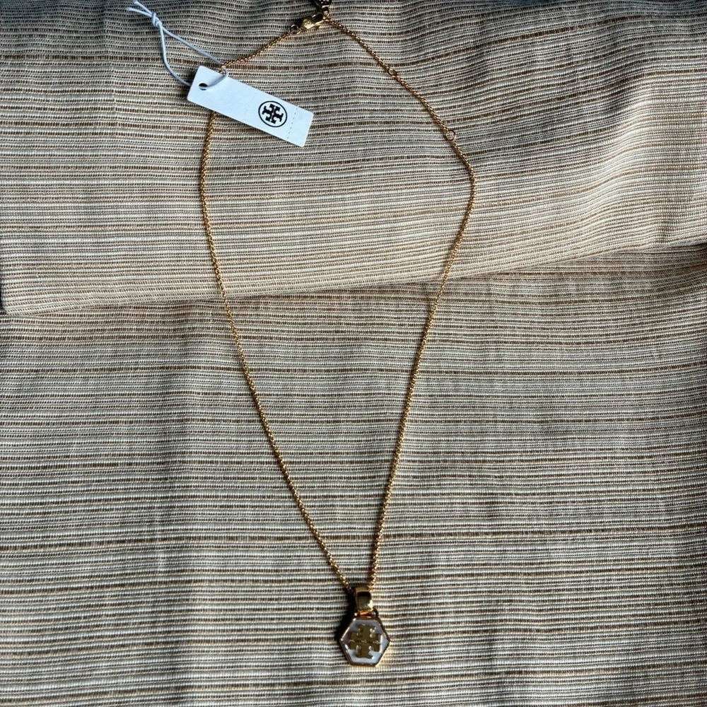 Tory Burch Gold Mother of Pearl Hexagon Pendant Necklace NWT